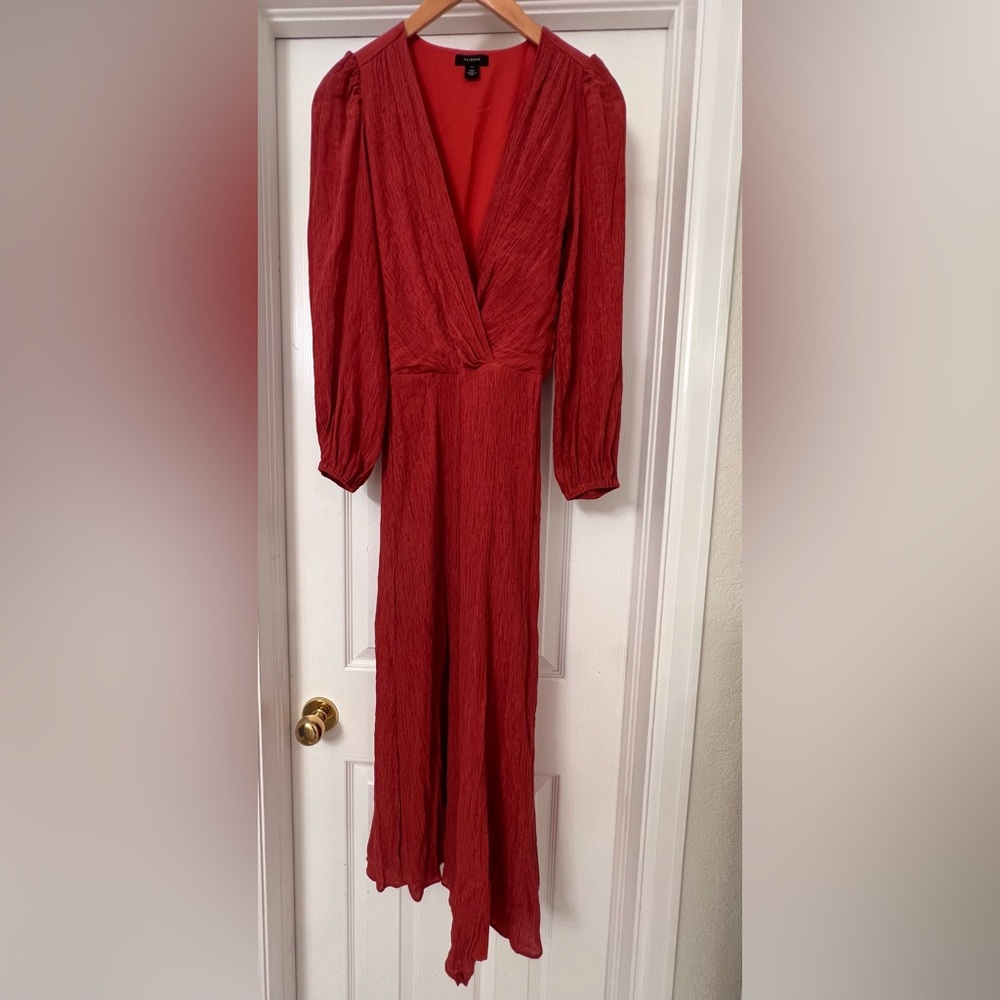 Halogen Red Long Sleeve V-Neck Midi Dress